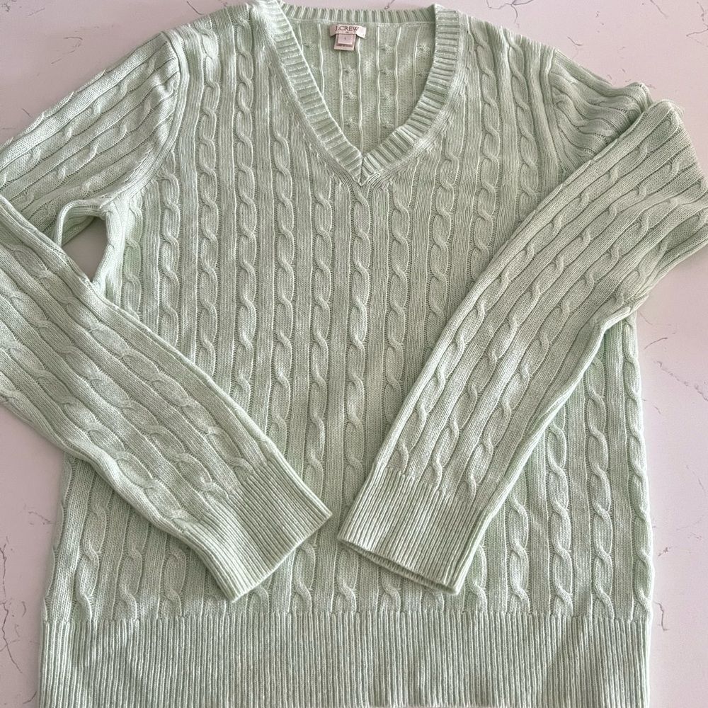 J Crew Mint Green Cable Knit Sweater Marino wool blend size L